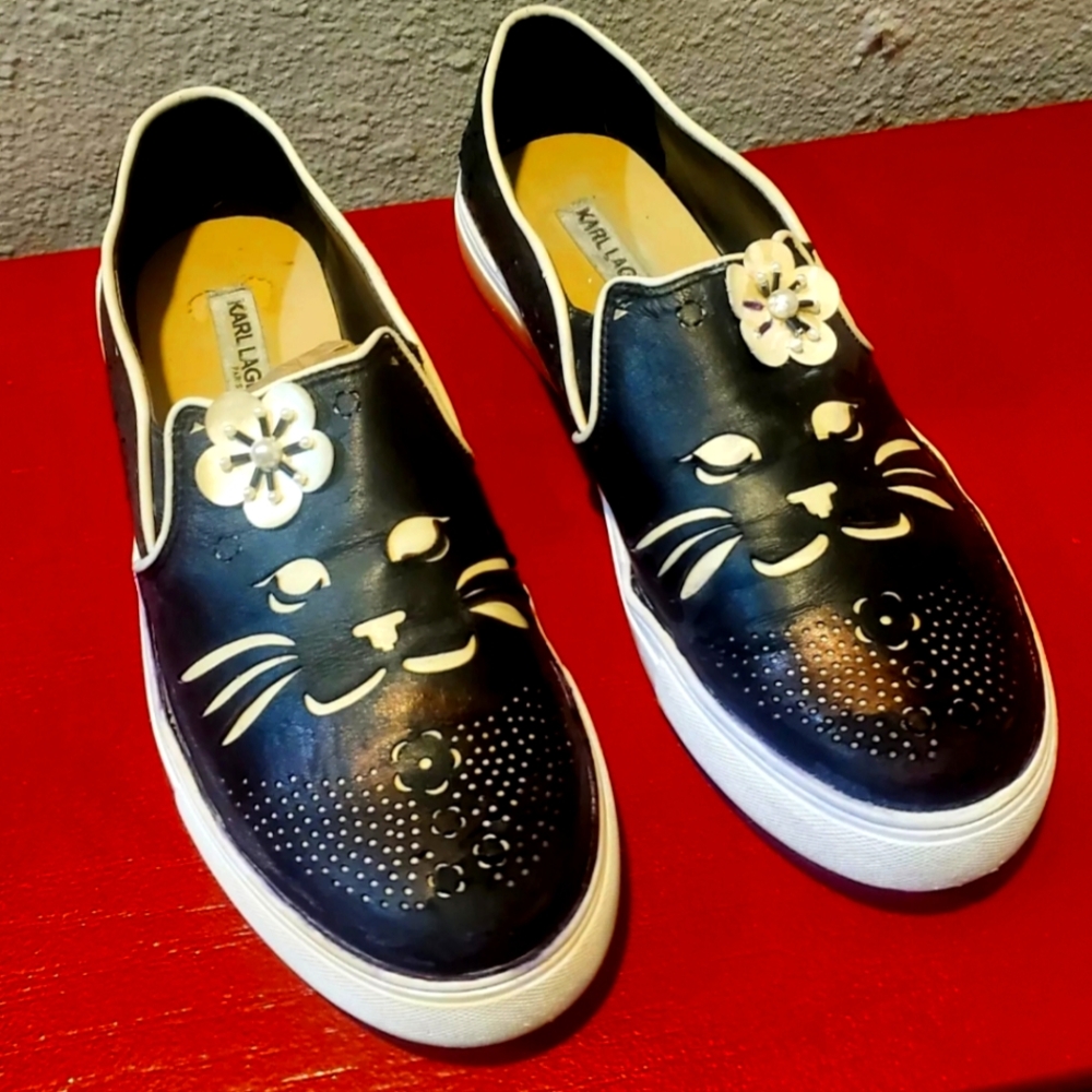 KARL LAGERFELD SHOES MELISSA BLACK CAT RUBBER VEGAN Sz 7.5 M US EU 38 B Flats